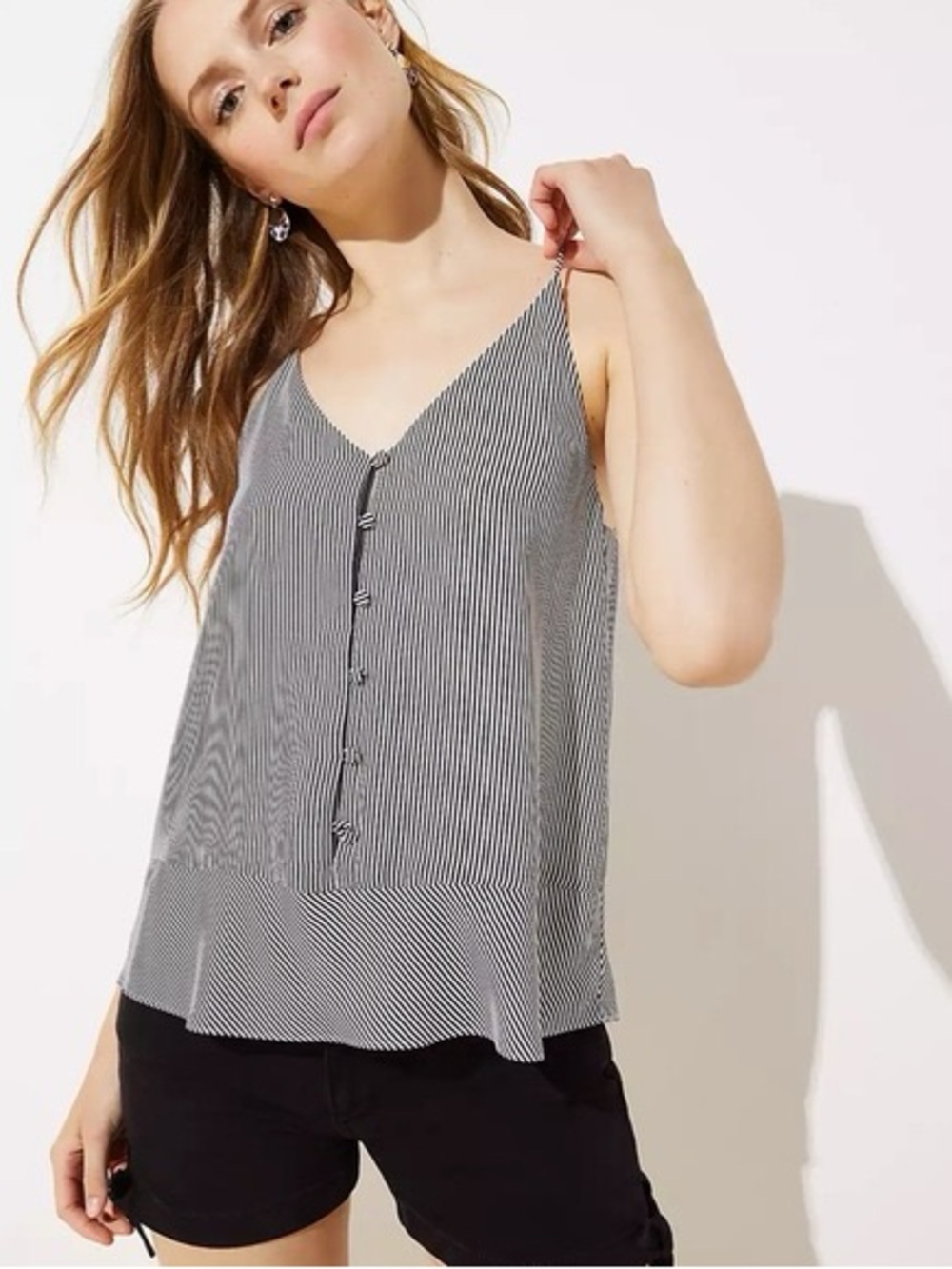 LOFT Black & White Pinstripe V-Neck Button Cami